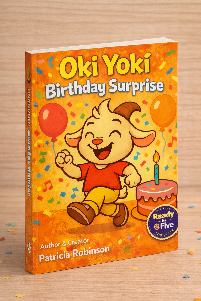 Book titled 'Oki Yoki Birthday Surprise' on a wooden surface with confetti.