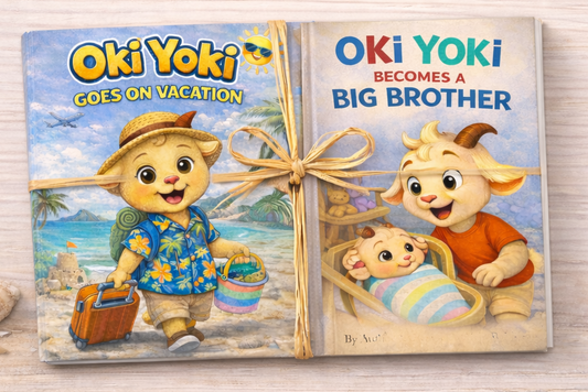 Two children's books titled 'Oki Yoki Goes on Vacation' and 'Oki Yoki Becomes a Big Brother' on a wooden surface with decorative elements.